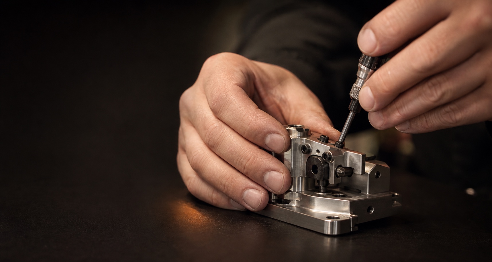 An engineer carefully assembling a precision mechanism
