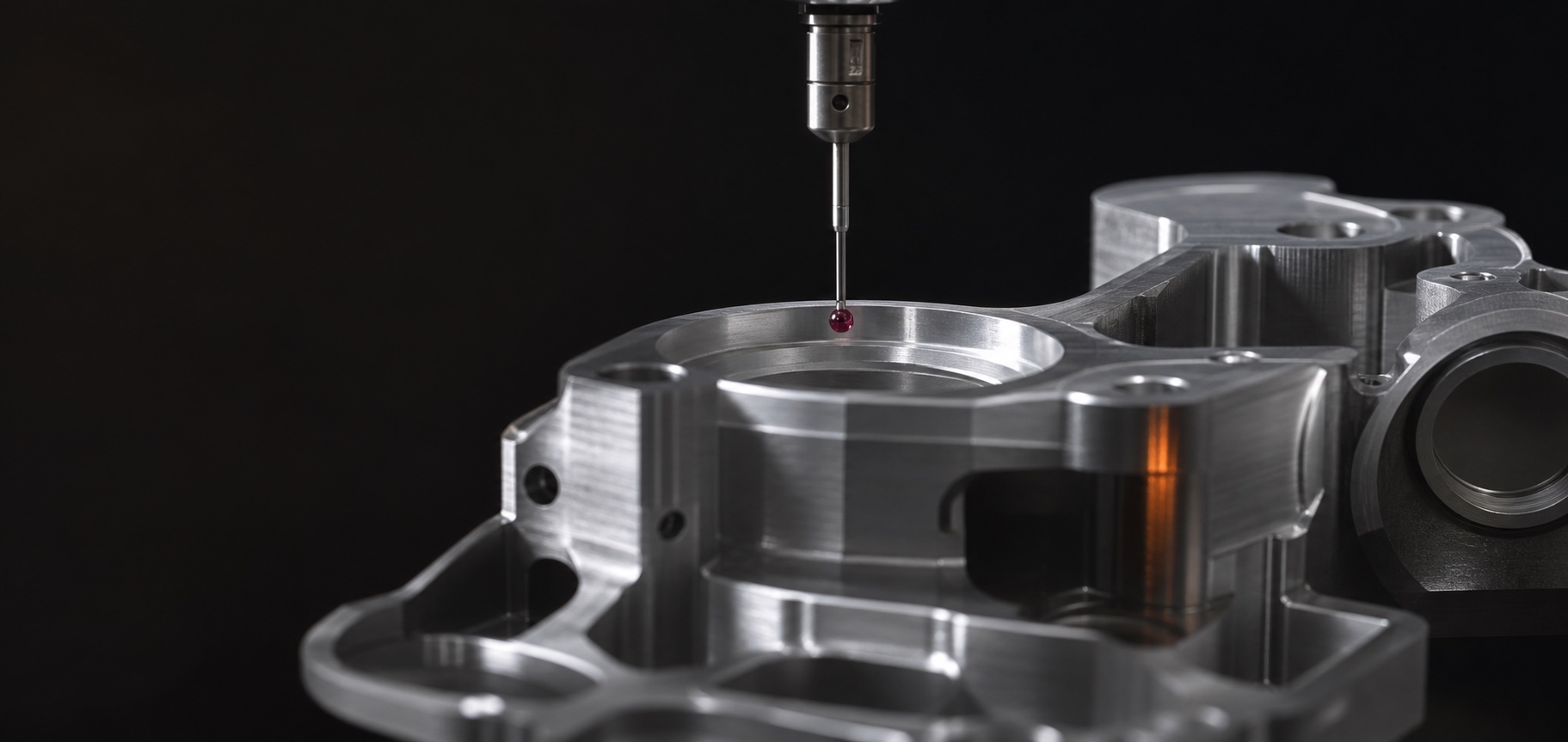 A precision machined component being measured with a ruby-tipped inspection probe